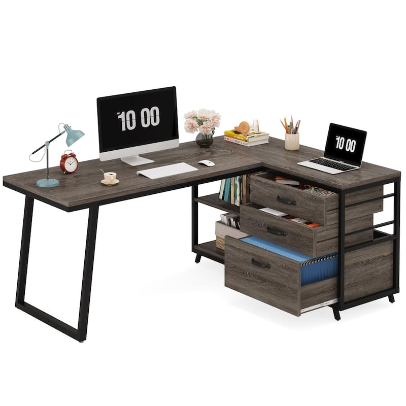Reversible L Shaped Desk With File Drawers, Corner Computer Desk - Grey