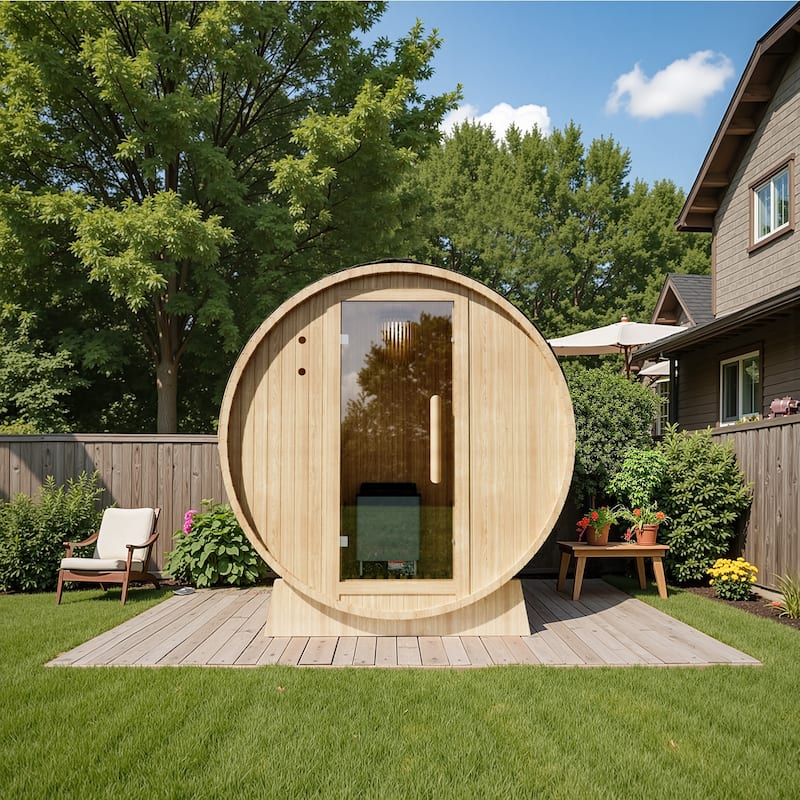 4-Person Round Cedar Sauna – Outdoor Wooden Barrel Sauna Room For Garden, Patio, Or Poolside, Temperature Control