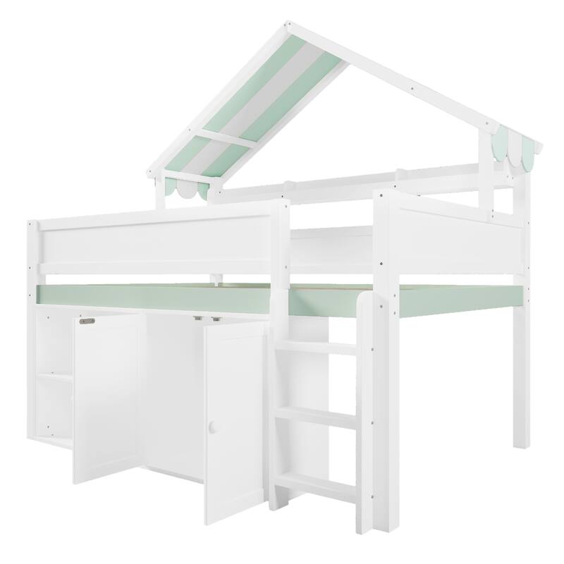 GDFStudio - Solid Wood Full Size Loft Bed with Canopy & Storage Cabinet