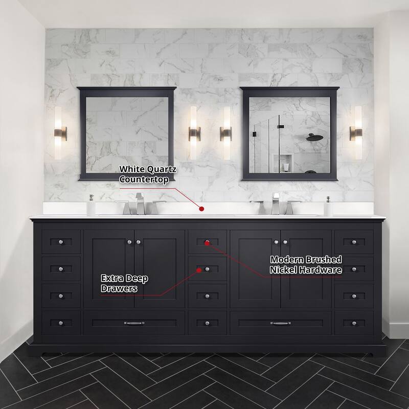 Dukes 84 in. W x 22 in. D Espresso Double Bath Vanity, White Quartz Top, Faucet Set, and 34 in. Mirrors