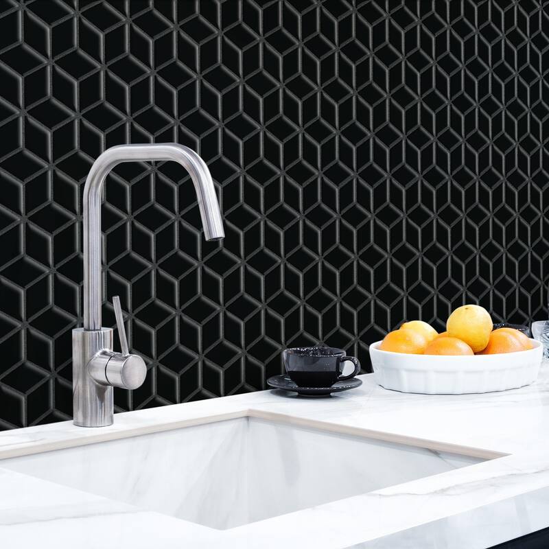 Merola Tile Hudson Rhombus Glossy Black 10-1/4" x 11-3/4" Porcelain Floor and Wall Tile
