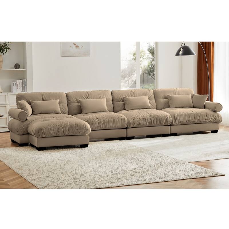 L-shaped Convertible Velvet Sectional Cloud Sofa with Ottoman & Pillows