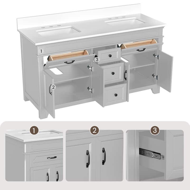 60-Inch Double Sink Bathroom Vanity – Clean Elegant Style in Solid Wood and MDF Blend