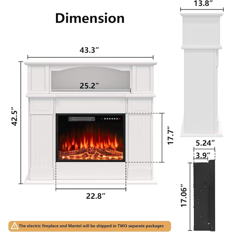 BOSSIN 43" Electric Fireplace with Mantel, 23 inch Electric Fireplace Insert,Freestanding TV Stand with Fireplace Wooden Firebox