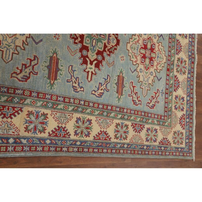 Light Blue Geometric Kazak Area Rug Handmade Wool Carpet - 4'11" x 6'10"