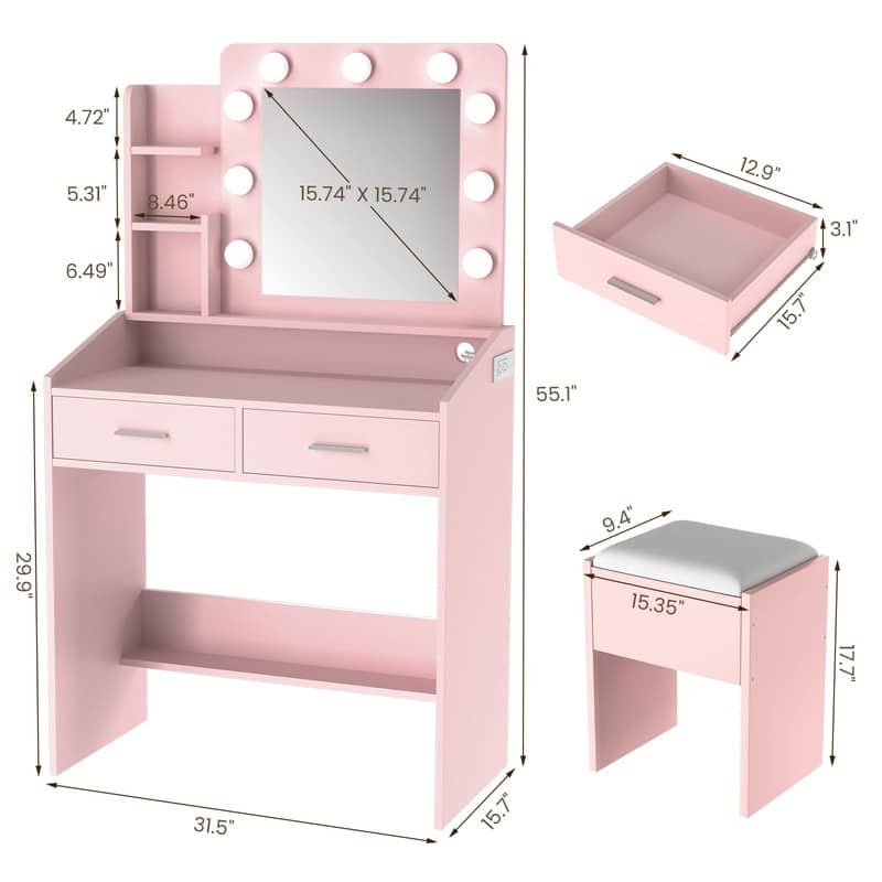 Makeup Vanity Desk with Mirror and Stool, Charging Station, 2 Drawers, 3 Shelves