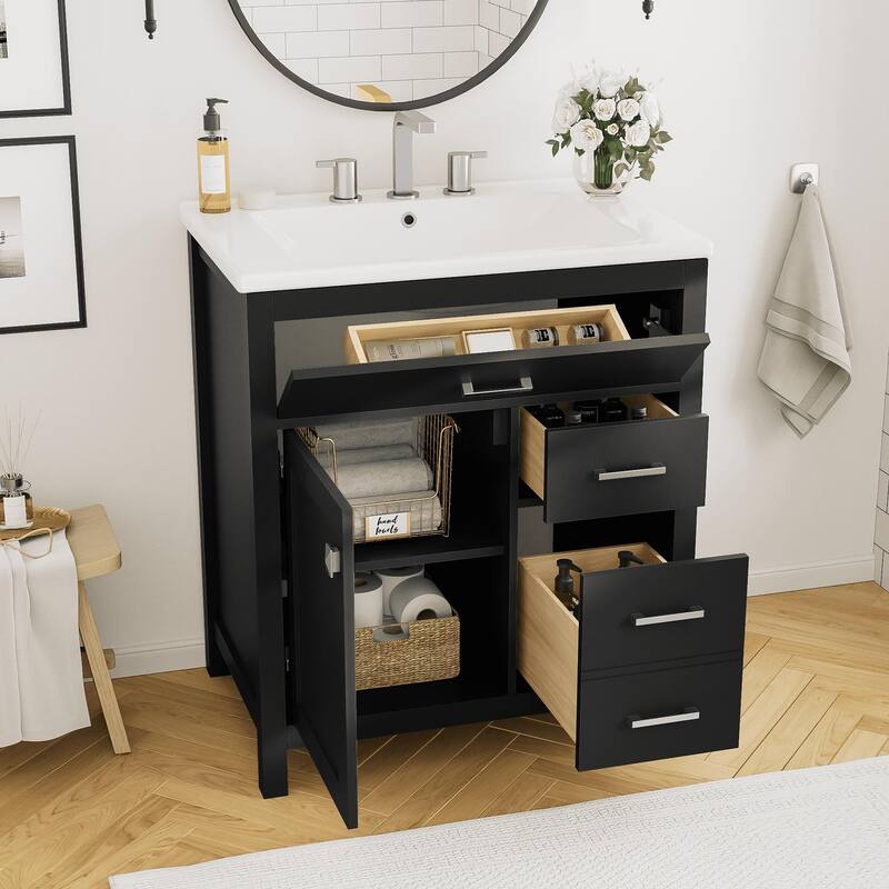 Modern 30-Inch Bathroom Vanity with Undermount Ceramic Sink, Solid Wood Frame, Adjustable Shelf & Storage Drawers