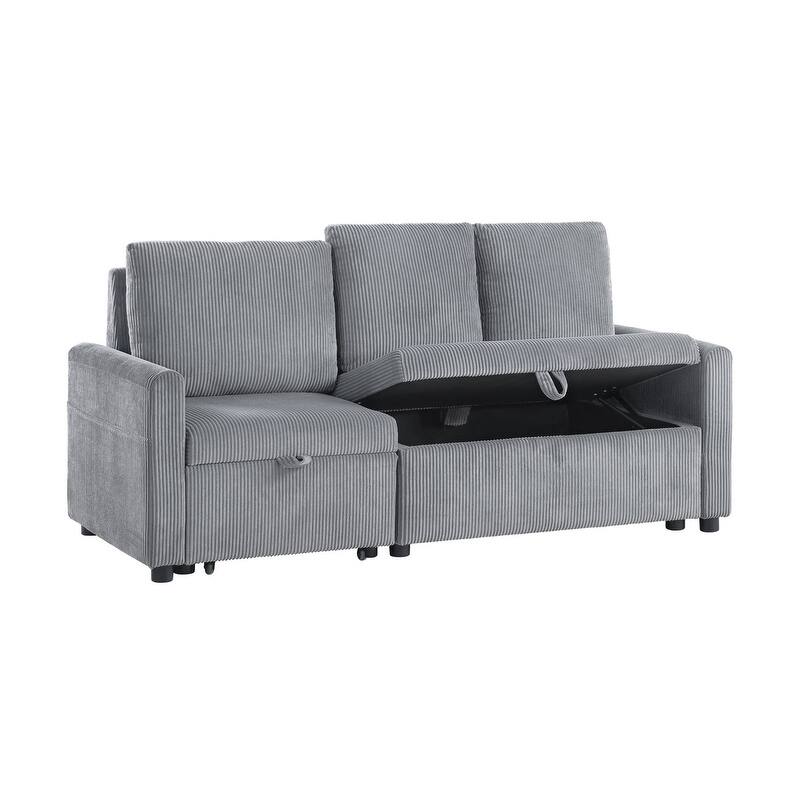 Oswin 70"W Gray Corduroy Sofa with Pull-Out Chaise, Underseat Storage, Side Pocket