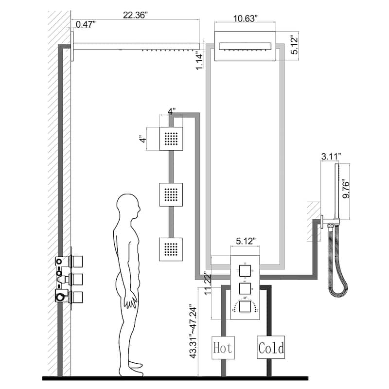 High-pressure Square Thermostatic Rainfall Shower System with HandheldShower & 3 Massaging Jets