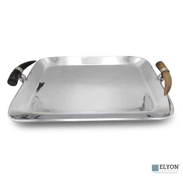 slide 2 of 5, Elyon 17" Rectangle Serving Tray Platter Handmade Horn Handles