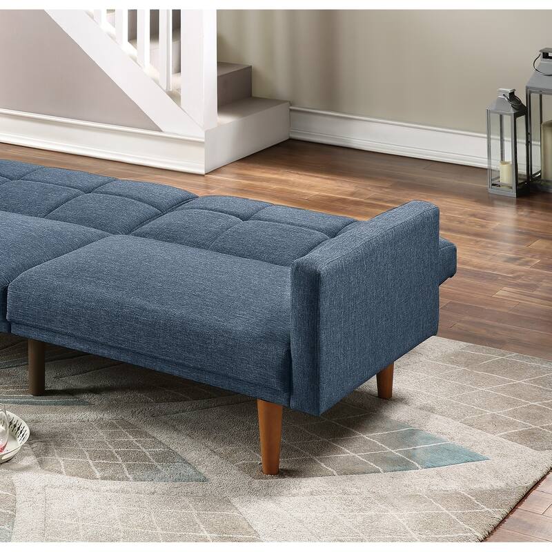 Navy Polyfiber Convertible Bed Sofa with Tufted Cushion and Wooden Legs