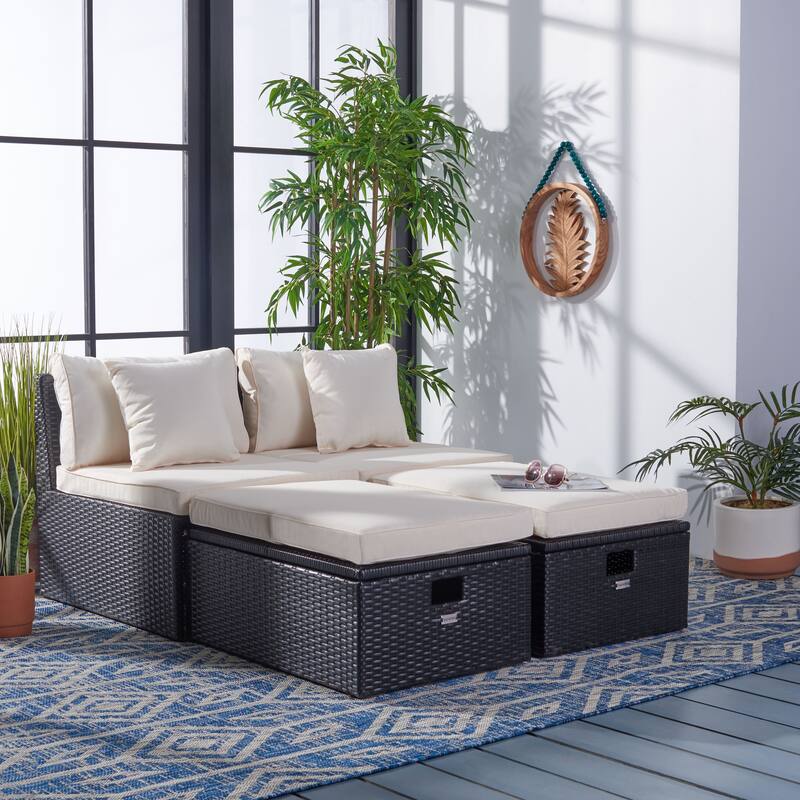 SAFAVIEH Outdoor Algrid Settee with Storage Ottomans (Set of 2) - 29Wx23Dx25H