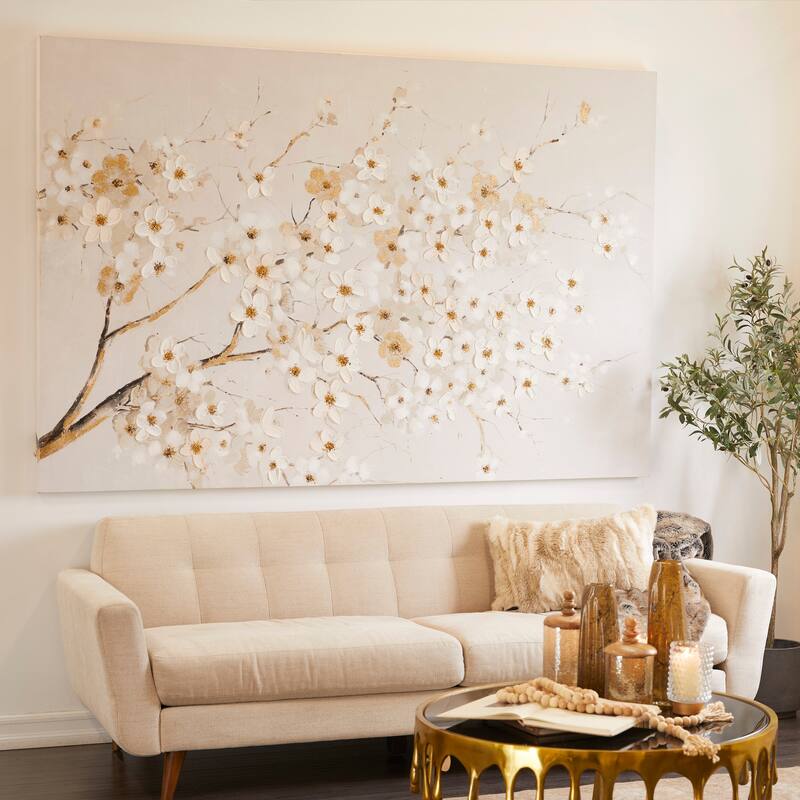 White Canvas Branch Floral Decorative Wall Art - White