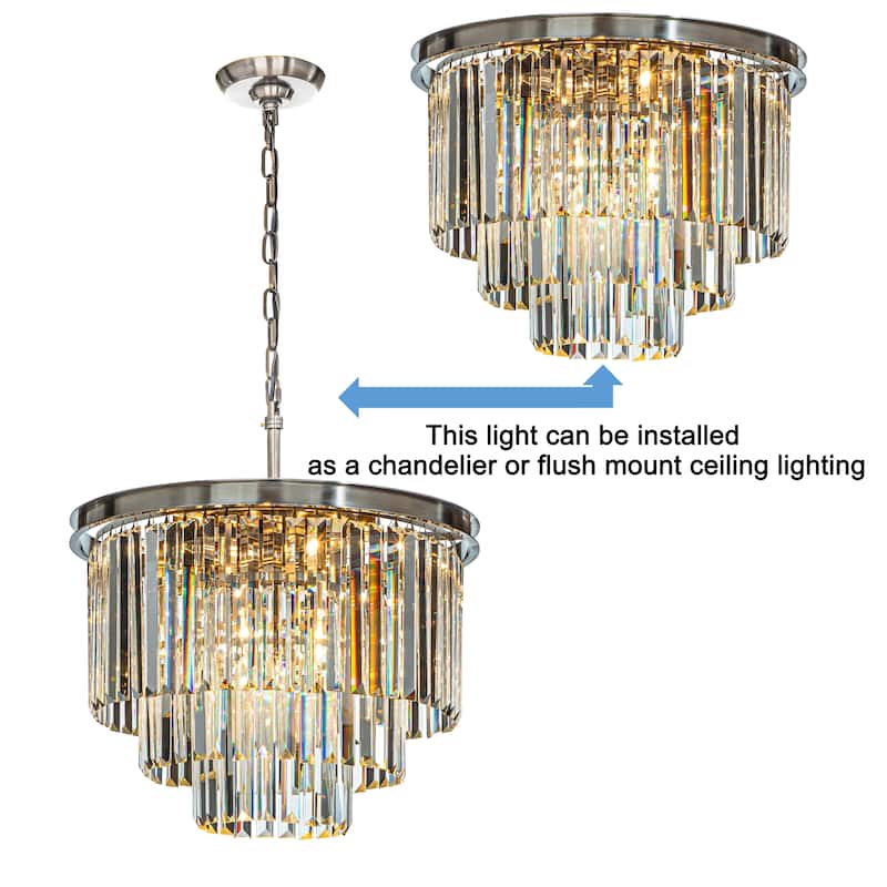 6-Lights Mid-Century Modern 3-Tier Round Fringe Crystal Chandelier