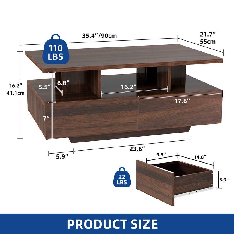 Moasis Modern Glossy Coffee Table with Drawers & LED Lights for Living Room