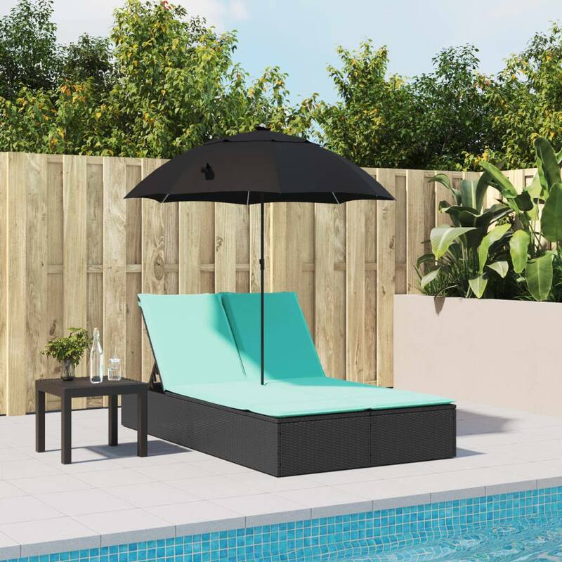vidaXL Patio Double Sun Lounger&Cushions&Parasol Poly Rattan Brown/Gray/Black - 78.7" x 64.6" x 69.3"