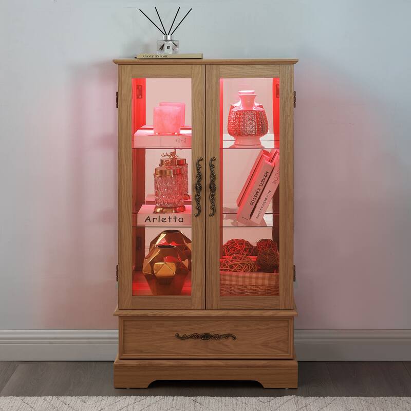 Elegant Lighted Curio Cabinet With Customizable Shelving - Two Glass Doors, Built-In Storage Drawer .