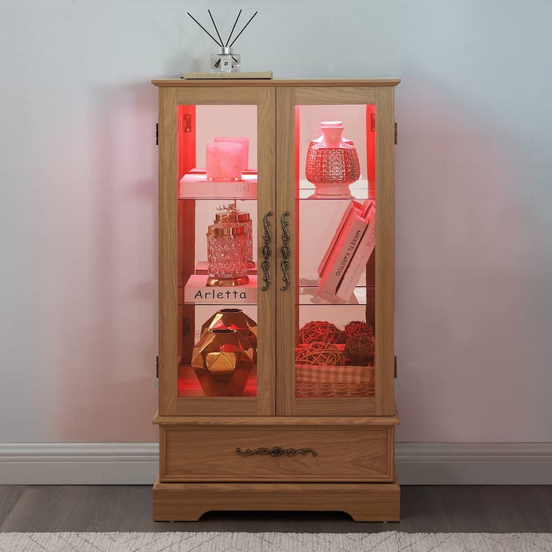 GDF Studio - Lighted Curio Cabinet with Adjustable Shelves and Built-In Drawer.