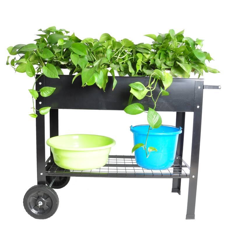 Metal Elevated Planter with Switchable Drainage Wheels and Storage Shelf for Patio or Balcony - 36.2”L x 16.7”W x 31.9”H
