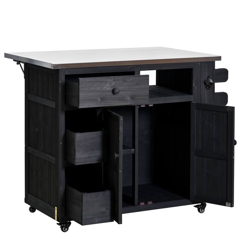 Outdoor Solid Wood Extendable Kitchen Island with Stainless Steel Top, Side Spice Rack, Drawers & Storage Cabinet