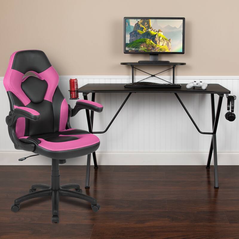Gaming Desk & Chair Set with Cup Holder, Headphone Hook, and Monitor Stand - Pink