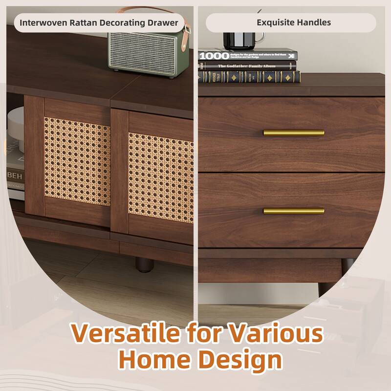 Mid Century Modern TV Stand for 80" TVs, Entertainment Center with Sliding Doors and Drawers, TV Table with Storage