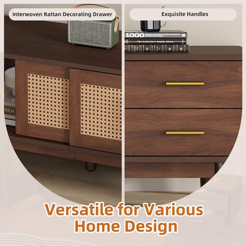 Roomfitters Mid Century Modern TV Stand for 80 Inch TV, Entertainment Center with Sliding Doors and Drawers, Walnut