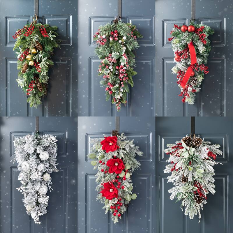 Glitzhome Christmas Berry Bow Pinecone Bell Holy Leaf Teardrop Swag Xmas Wreath