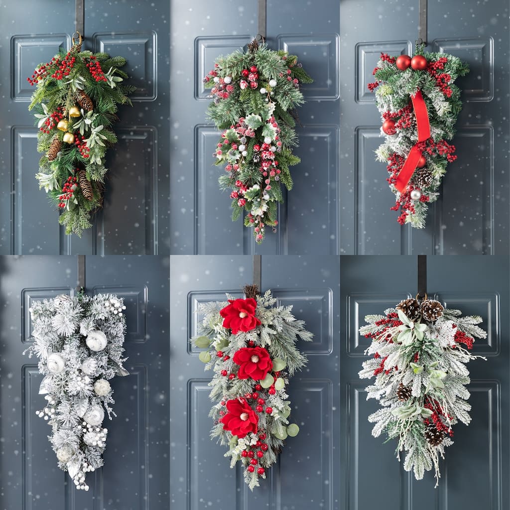 Glitzhome Christmas Berry Bow Pinecone Bell Holy Leaf Teardrop Swag Xmas Wreath