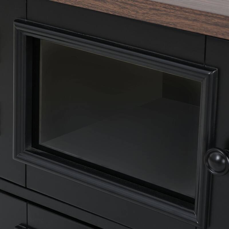 54.9" Kitchen Island with Drop Leaf, Power Outlet, with 4 Door Shelves, Cross Barn Doors & Visual Glass Door on 4 Wheels