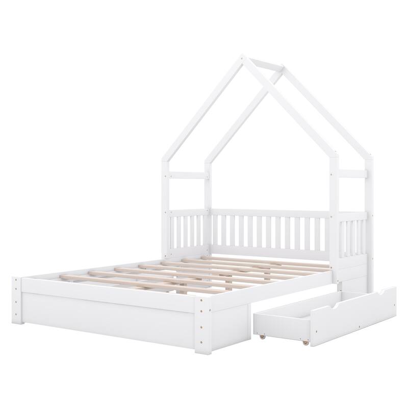 Queen Size House Platform Bed with Guardrail and Storage Drawers, White