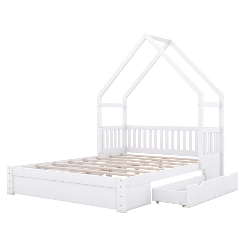 Queen Solid Wood House Platform Bed with Drawers