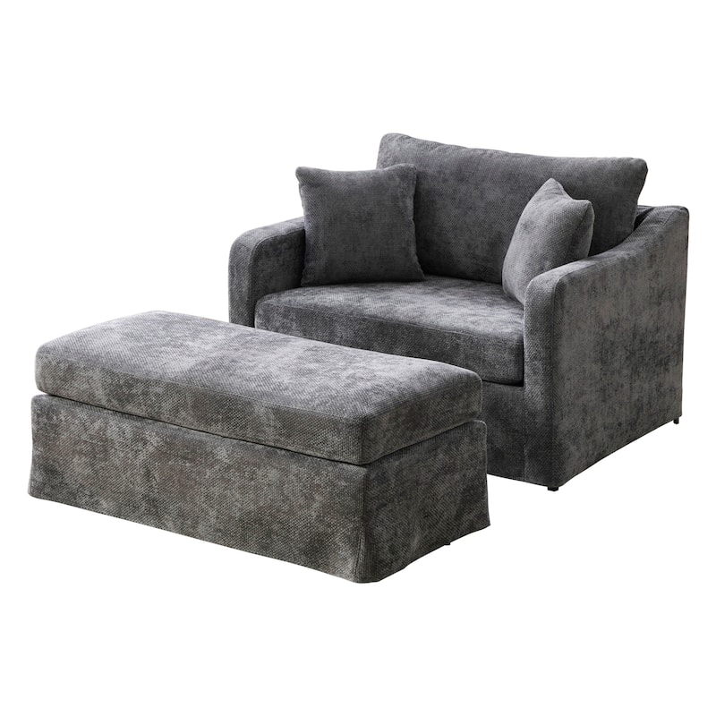 Morden Accent Chair with Ottoman, Chenille Living Room Side Chair, Single Sofa Armchair with Bolster Pillows