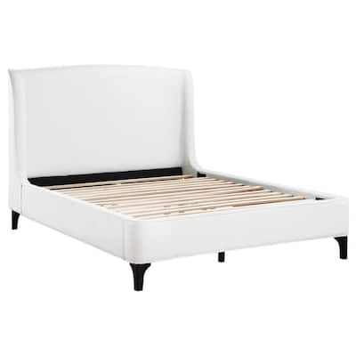 Mabe Queen Size Bed, Wingback Curved Headboard, White Fabric Upholstery