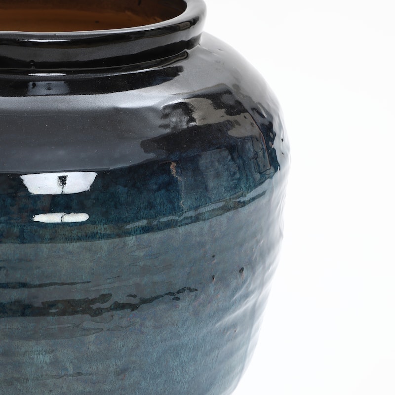 Rippled Blue with Brown Round Ceramic Vase, Home Decor Tabletop & Floor Accent