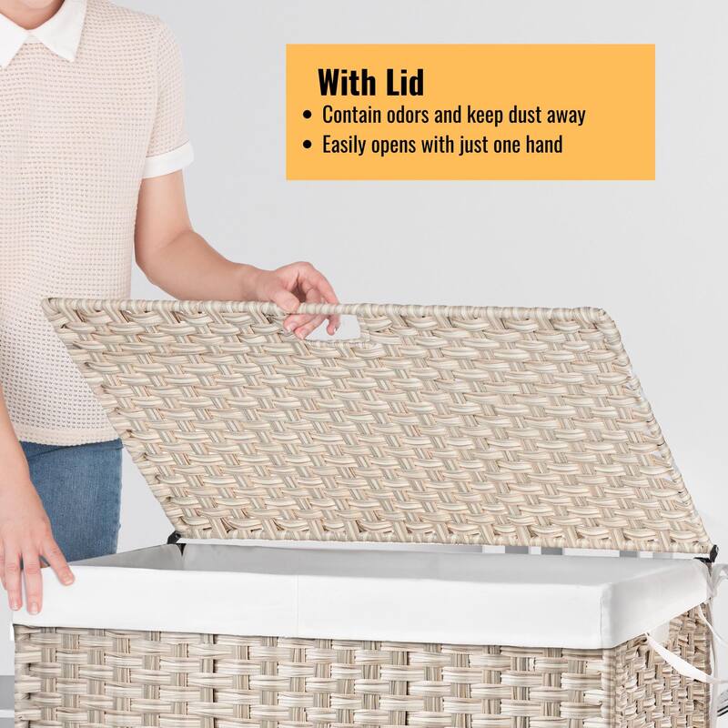 Laundry Hamper With Lid PE Rattan Powder Coating Frame Clothes Hampers with 02 Removable Bags, Wheels, 160L