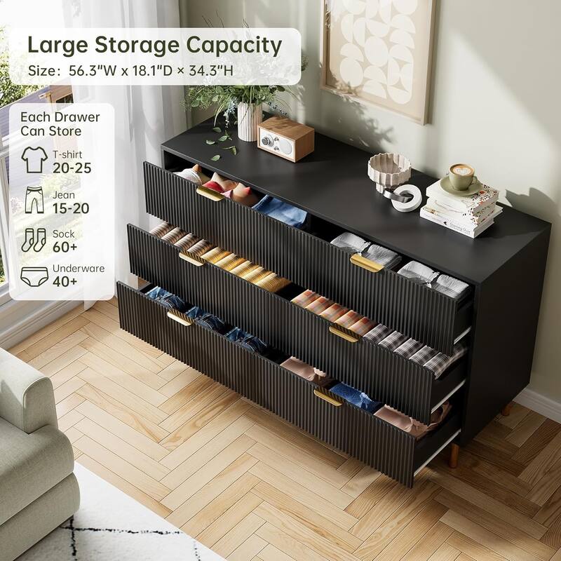 6 Drawer Dresser for Bedroom with Gold Handles, Modern Wooden Chest of Drawers