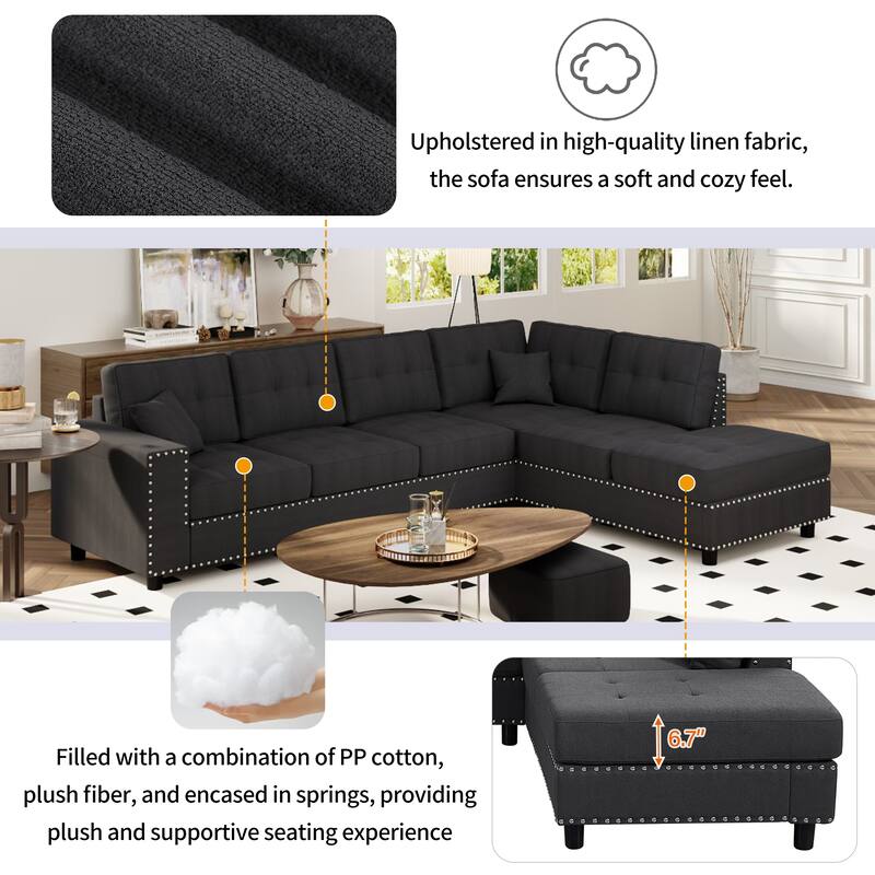 109.2" Polyester L-Shaped Sectional Sofa with Removable Cushions and 2 Pillows