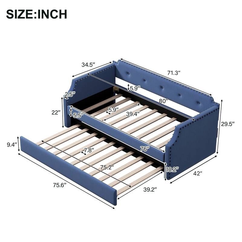 Twin Size Upholstered Sofa Daybed with Trundle, Wood Slat Support, Linen Frame, Perfect for Small Living Spaces and Guest Rooms