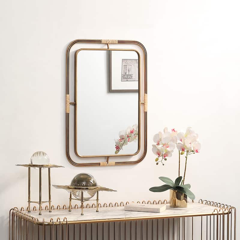 Azalea Park 27.6" Antique Gold Metal and Rattan Wall Mirror