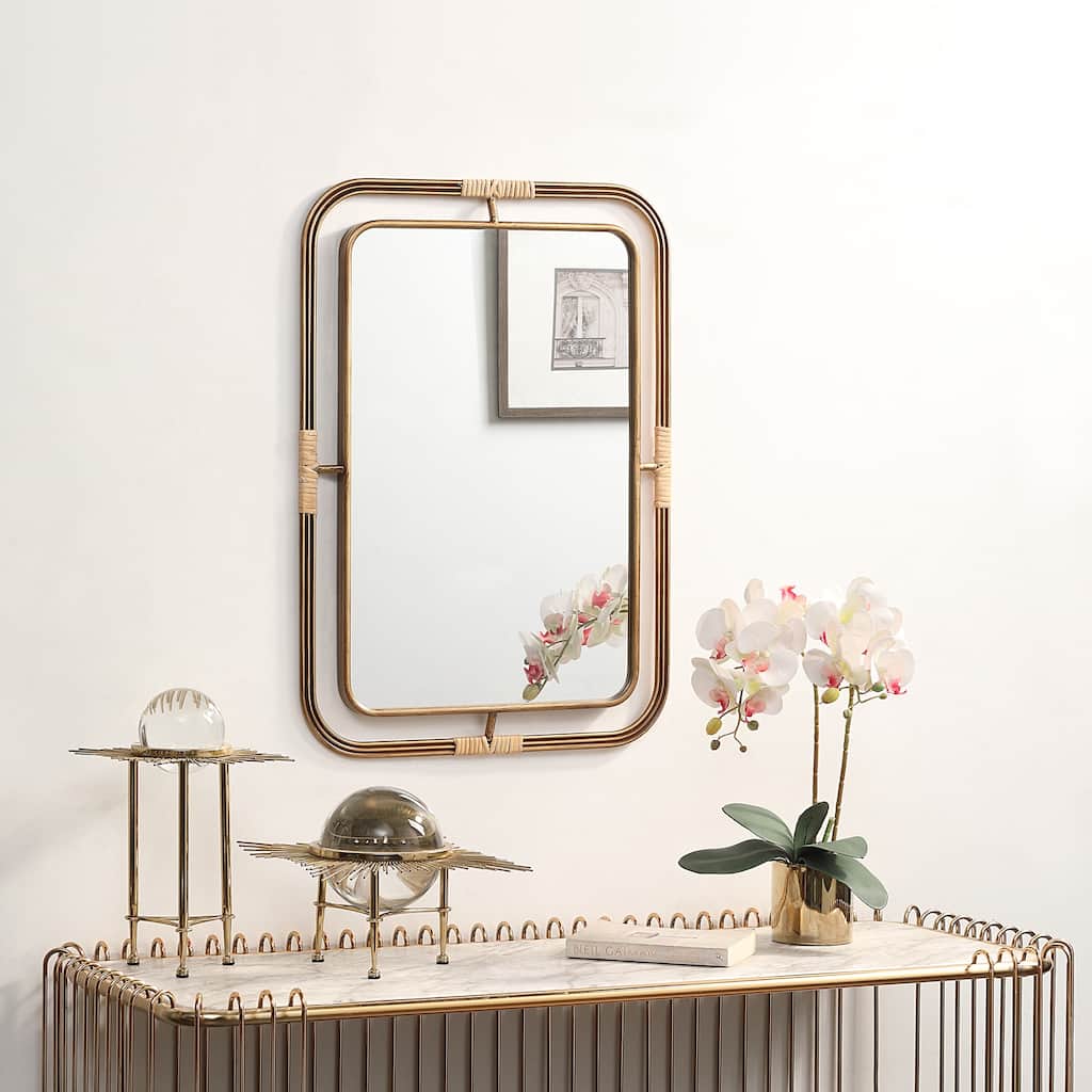 Azalea Park 27.6" Antique Gold Metal and Rattan Wall Mirror