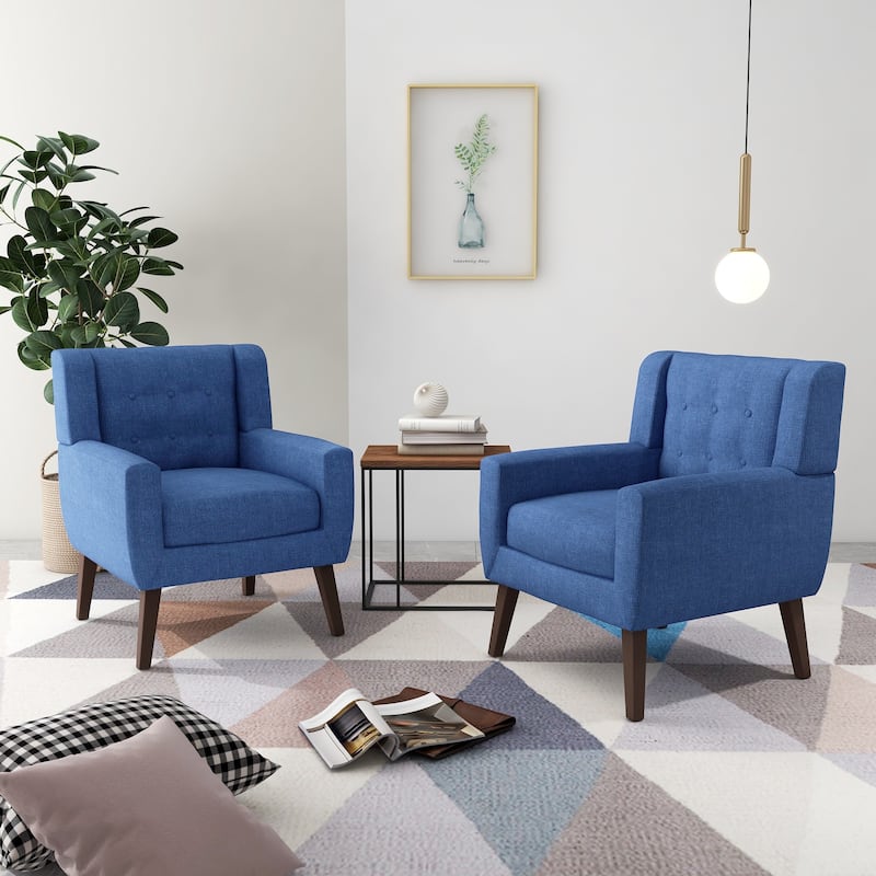 Modern Upholstered Faux Leather Tufted Armchair Linen Accent Chairs - Set of 2 Chairs - Blue/Linen