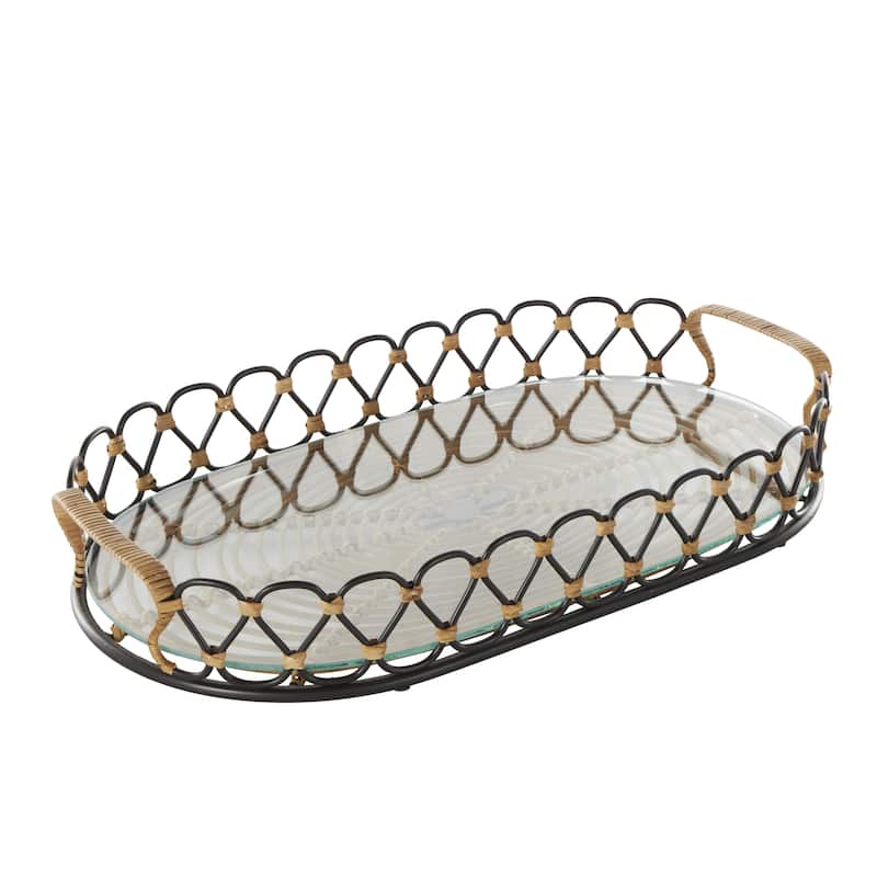 Metal Circular Woven Living Room Decor Tray with Glass Base - Black - Roche River Decor