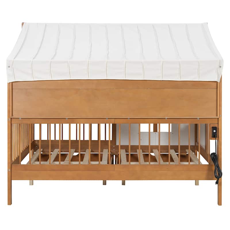 Full Size House Bed Wood Platform Bed with Tent and 21.7 inch Rail, LED Kids Bed with 2 Drawers Side Bookshelf Integrated Socket