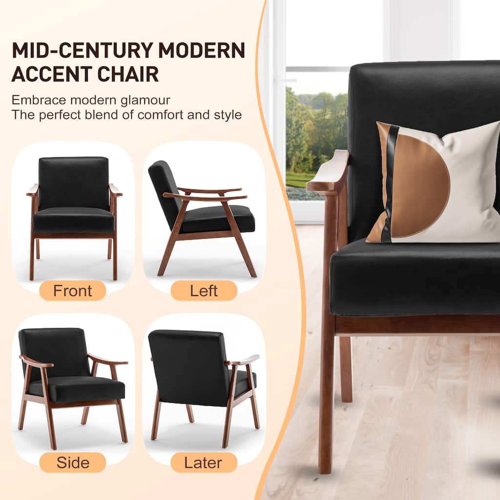 PU Leather Upholstered Accent Chair, Lounge Armchair with Extra-Thick Backrest, Living Room Chairs with Solid Wood Frame