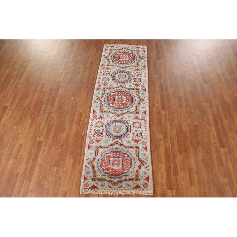 Geometric Beige Kazak Runner Rug Hand-knotted Wool Carpet - 2'6"x 7'10"