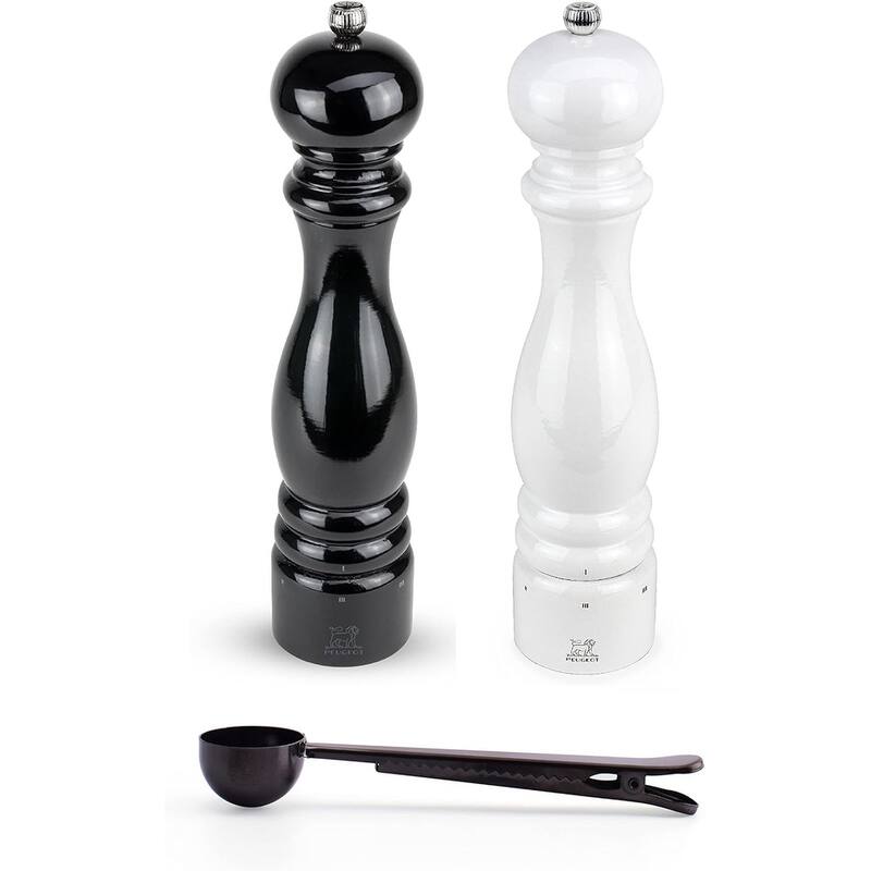 Peugeot Paris u'Select Salt & Pepper Mill, Gift Set, Black & White Lacquer - With Stainless Steel Spice Scoop/Bag Clip (12 inch) - 3 Piece