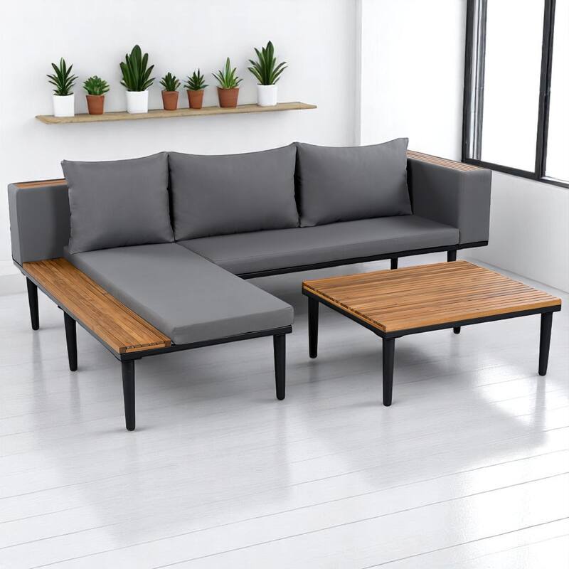3-Piece Outdoor Sofa Set with Acacia Wood Frame, Side Table & Coffee Table, Weather-Resistant Cushions, Patio Conversation Set