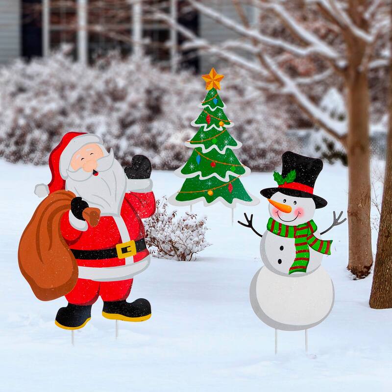 Glitzhome Set of 3 Metal Santa/Snowman/Tree Yard Stake or Wall Decor