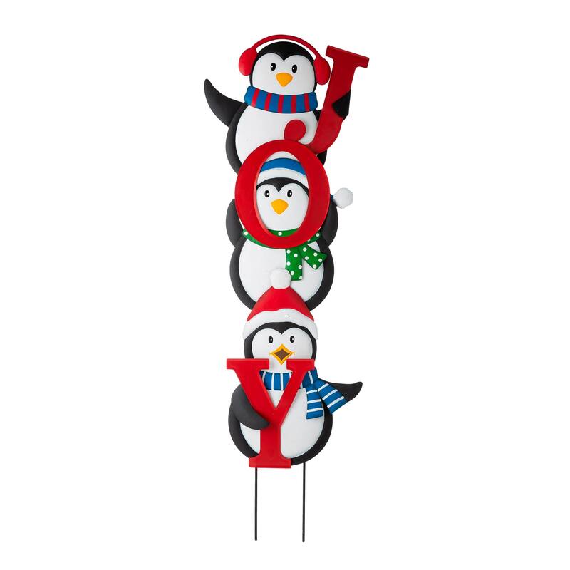 Glitzhome 42"H Christmas Metal "JOY" Penguin Yard Stake or Wall Decor - Multi-color